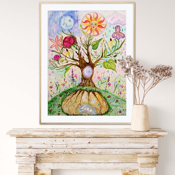 Tree of Life Whimsy Art Print flowers rabbit sun moon colorful whimsical fantasy - Picture 5 of 9